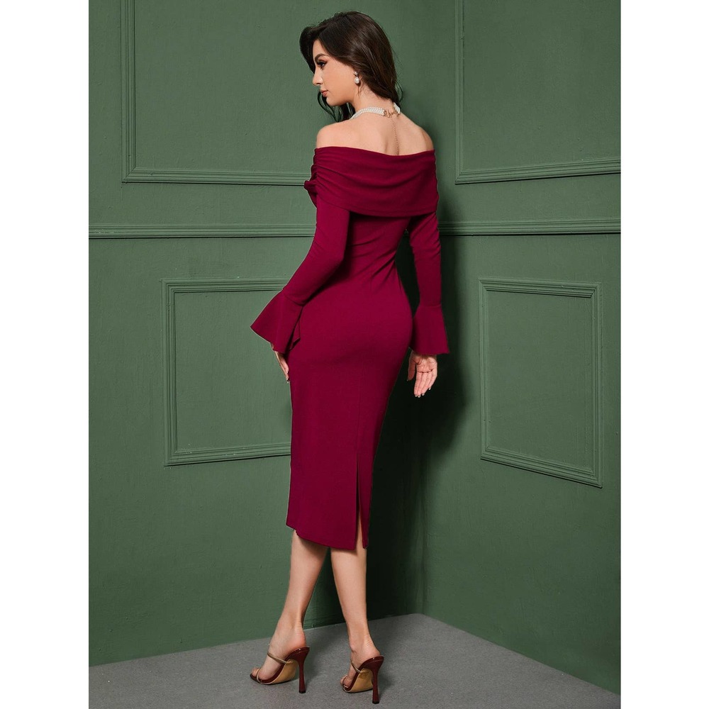 Foldover Off the Shoulder Flounce Sleeve Bodycon midi dress maroon burgundy red - Picture 5 of 11